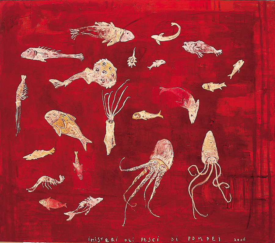 I misteri dei pesci di Pompei, 2006, tecnica mista su tela, cm 140 x 160.